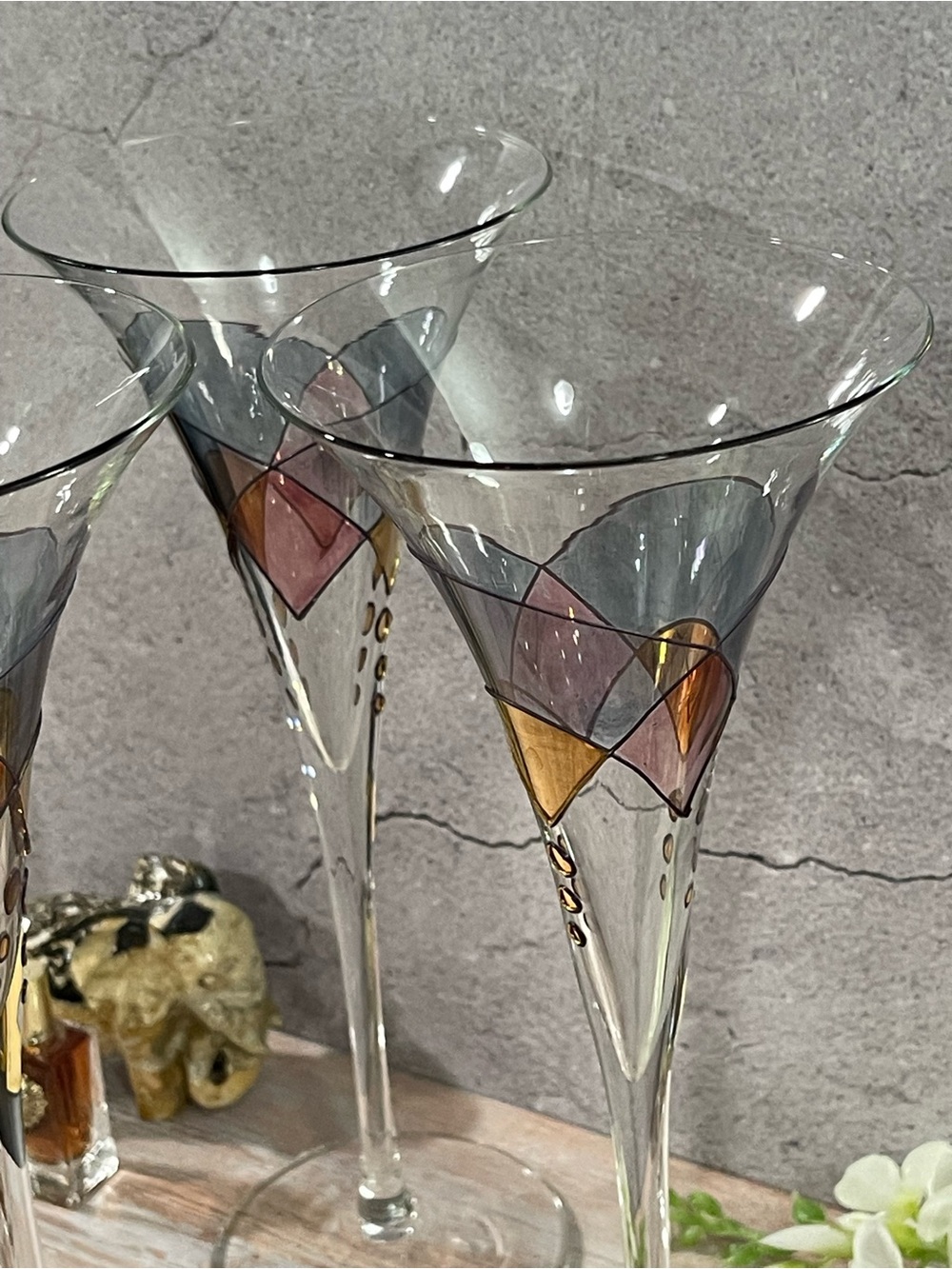 Set Of 3 Luminescence Flute Cocktail Handcrafted Romania Hand Blown Glasses - Picture 11 of 13